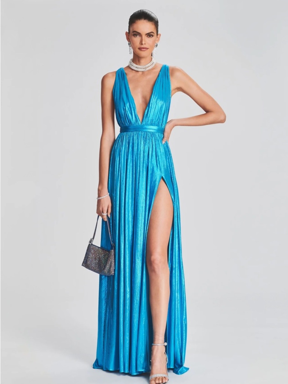 Retrofete Tova Vibrant Turquoise Plunging V-Neck Gown with High Slit